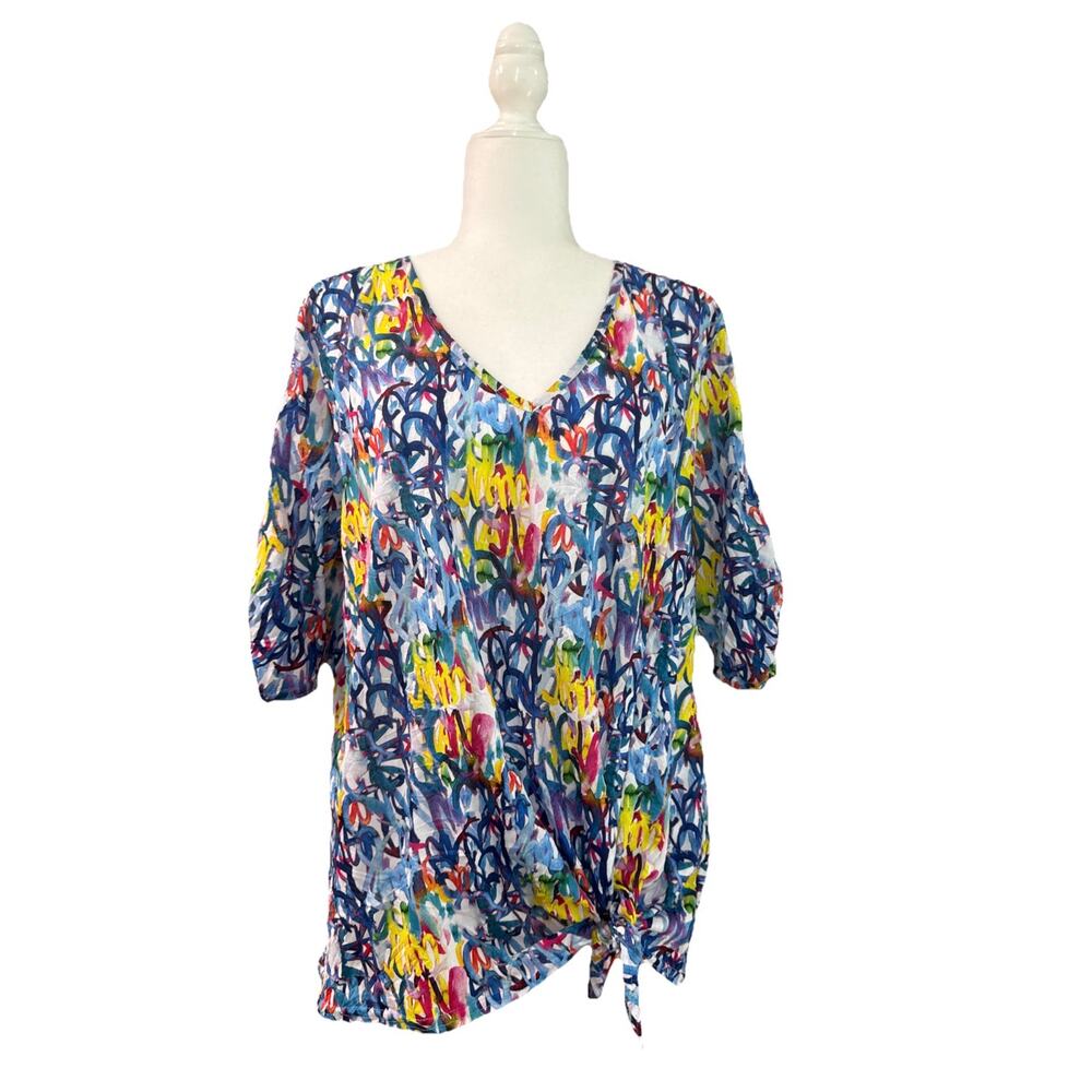 SNOSKINS V-Neck Top Womens XL Blue Art to Wear Abstract Side Tie